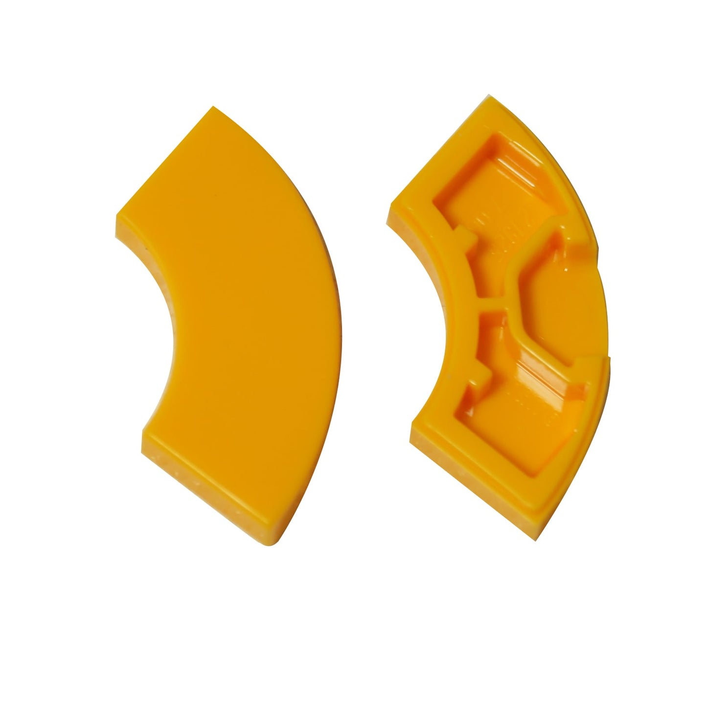 Tile Round Corner 2 x 2 Macaroni in bright light orange – LEGO® part 27925, curved tile used for smooth rounded edges and shaping

