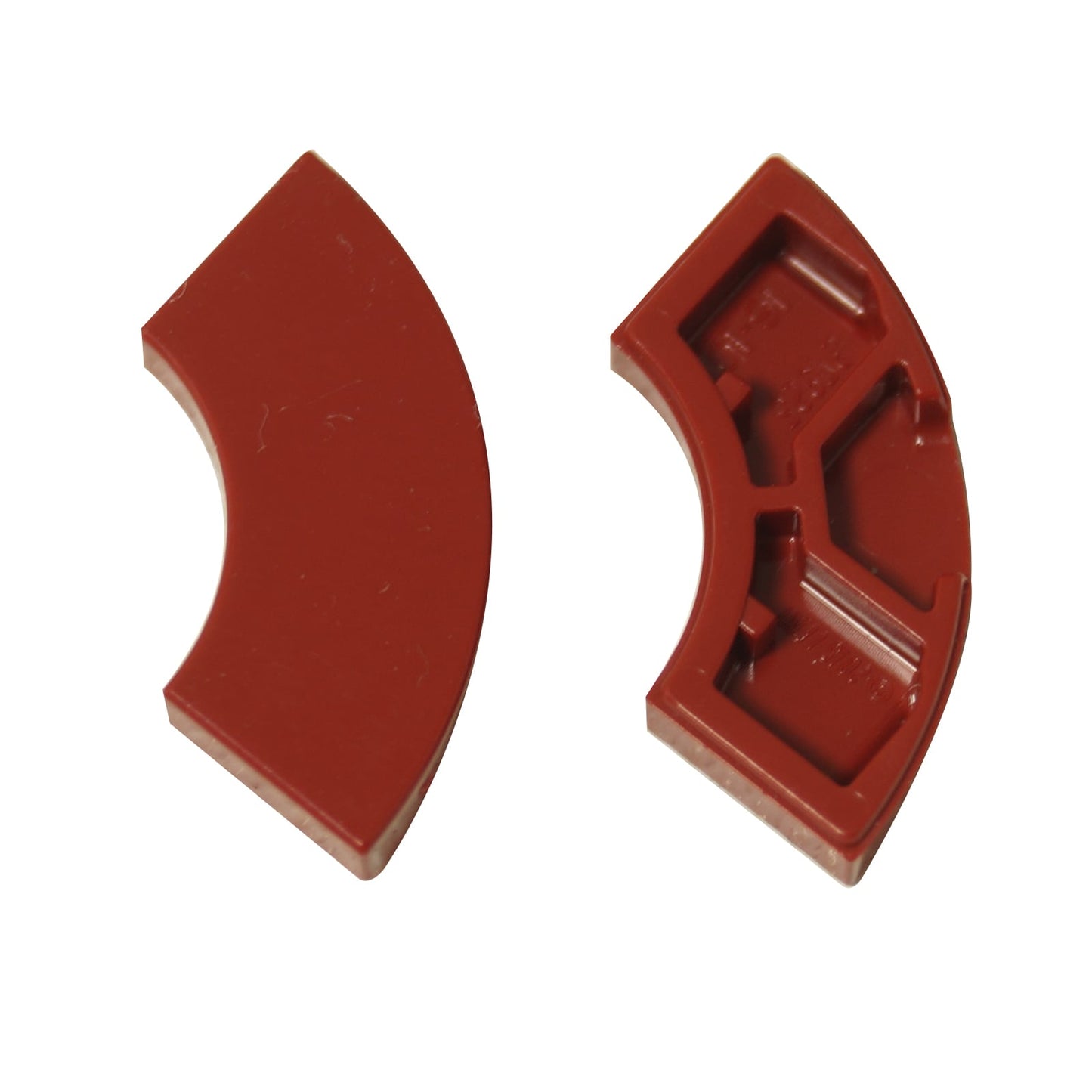Tile Round Corner 2 x 2 Macaroni in dark red – LEGO® part 27925, curved tile used for smooth rounded edges and shaping
