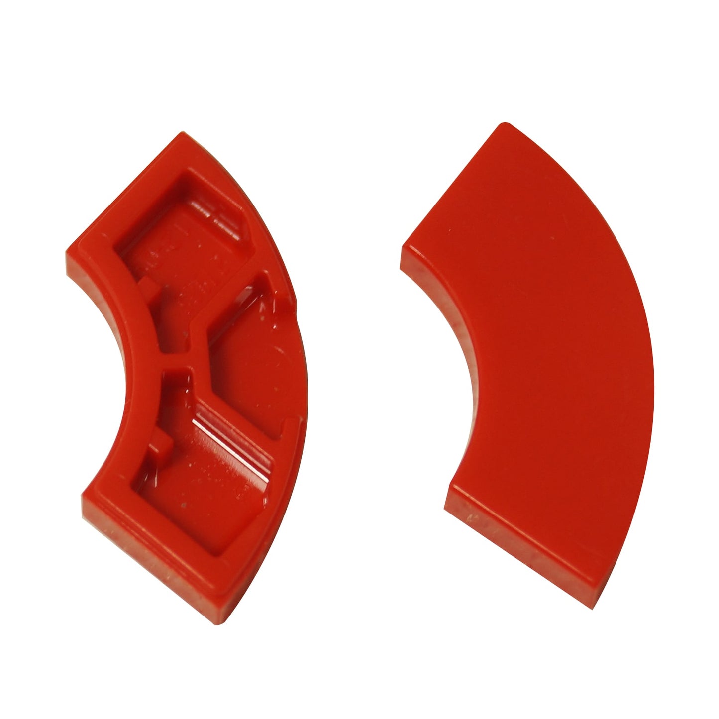 Tile Round Corner 2 x 2 Macaroni in red – LEGO® part 27925, curved tile used for smooth rounded edges and shaping
