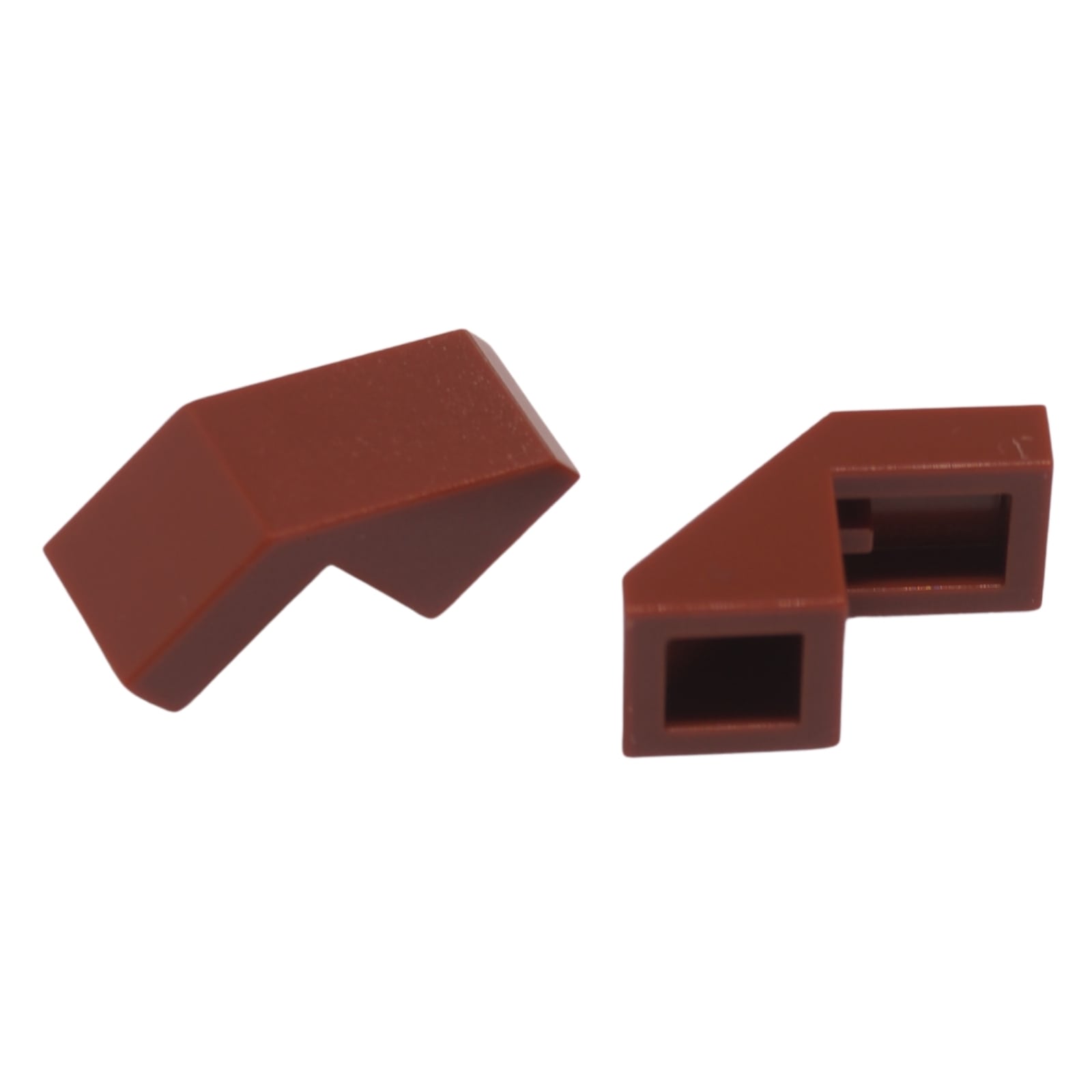 Slope 45 2 x 1 with Cutout without Stud in dark red – LEGO® part 28192, angled slope piece used for smooth detailing
