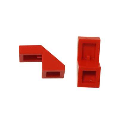Slope 45 2 x 1 with Cutout without Stud in red – LEGO® part 28192, angled slope piece used for smooth detailing
