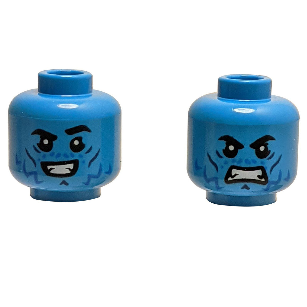 Blue LEGO head 28621pb0212 showing grinning and angry faces.