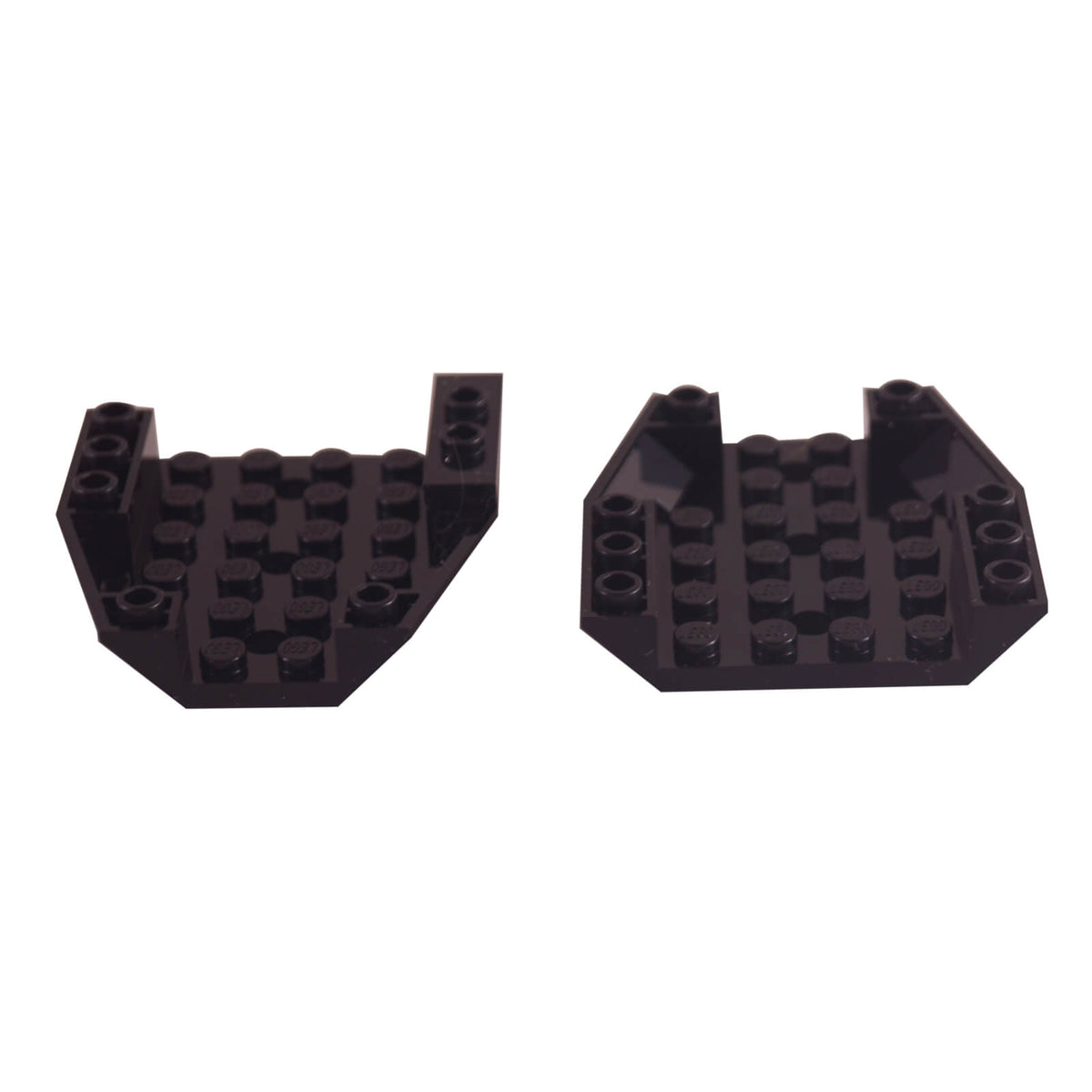Black LEGO® Part 29115 Wedge 6 x 6 Triple Inverted, showing the angular underside, stud connections and tapered wedge shape