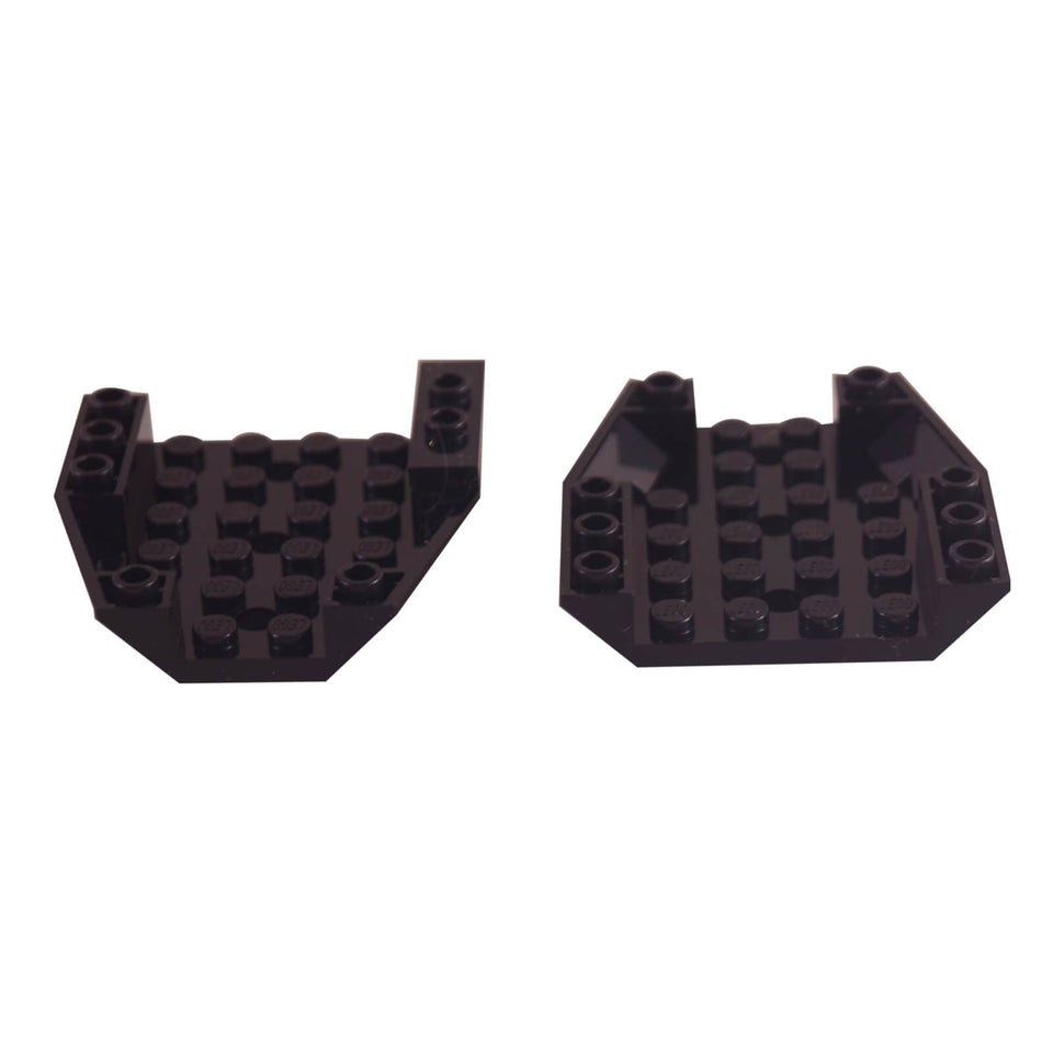 Black LEGO® Part 29115 Wedge 6 x 6 Triple Inverted, showing the angular underside, stud connections and tapered wedge shape