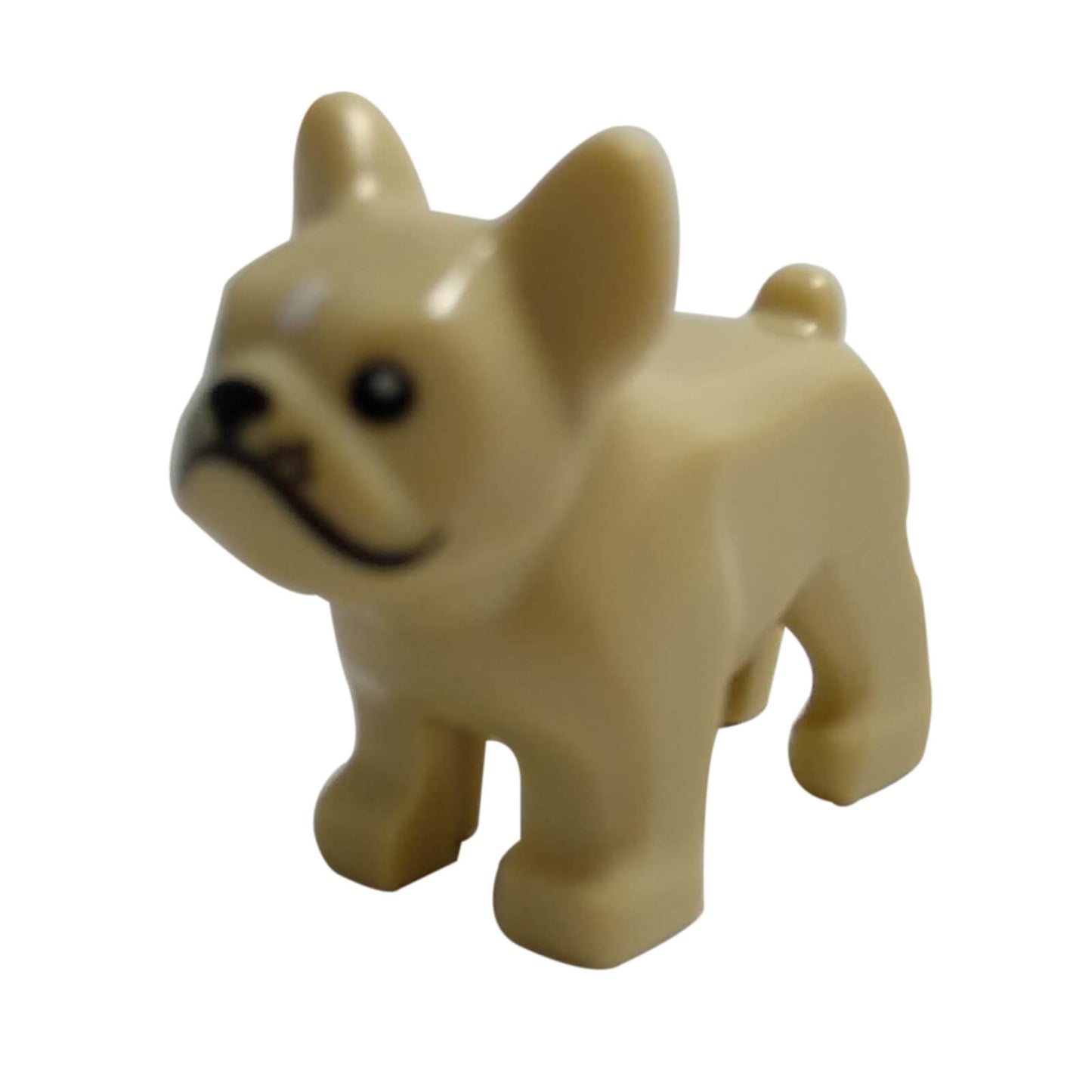 LEGO® bulldog figure in tan with printed black eyes and nose, standing in a friendly, four-legged pose.