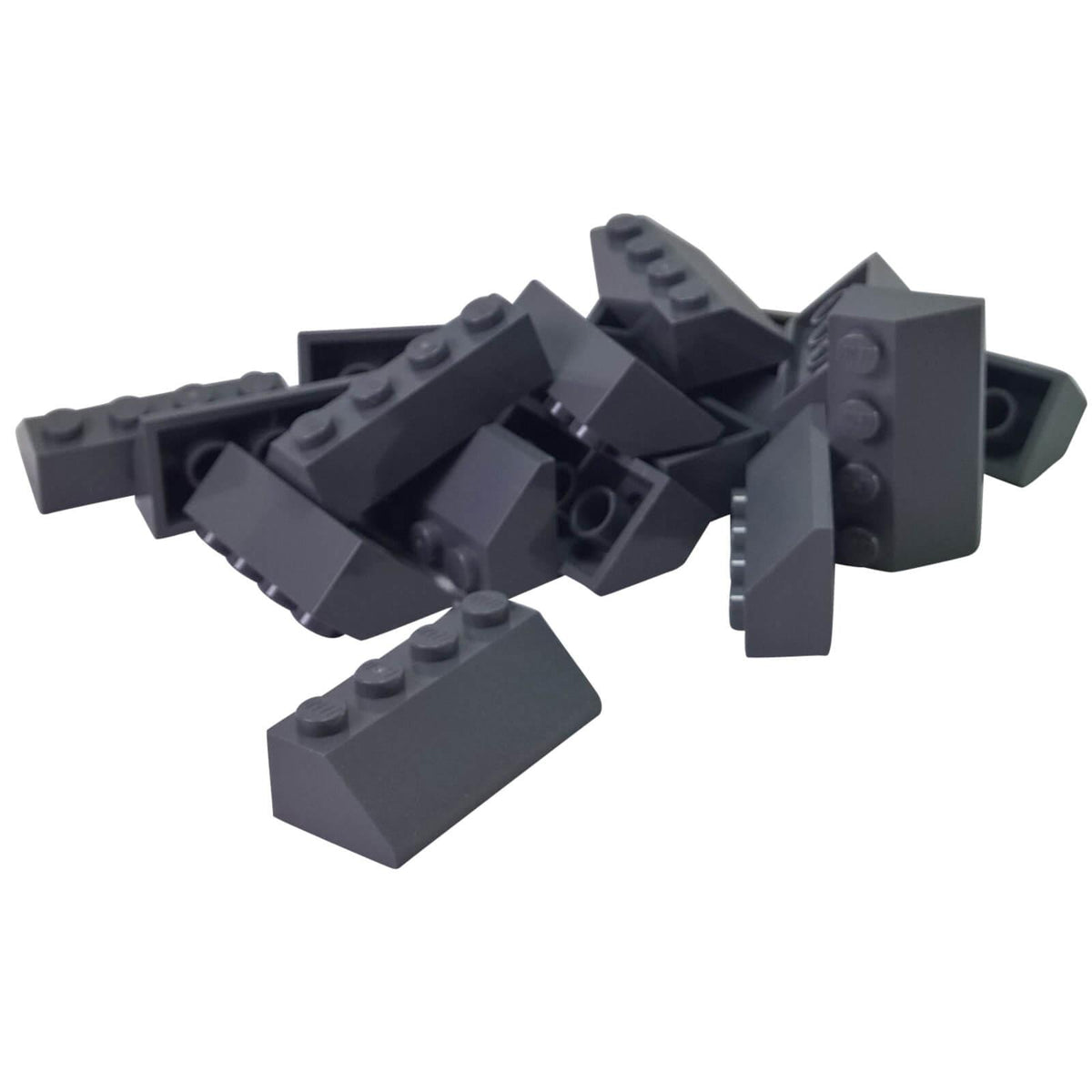 LEGO® 3037 Slope 45 2 x 4 in Dark Bluish Gray, 20-piece lot showing four studs and angled sides