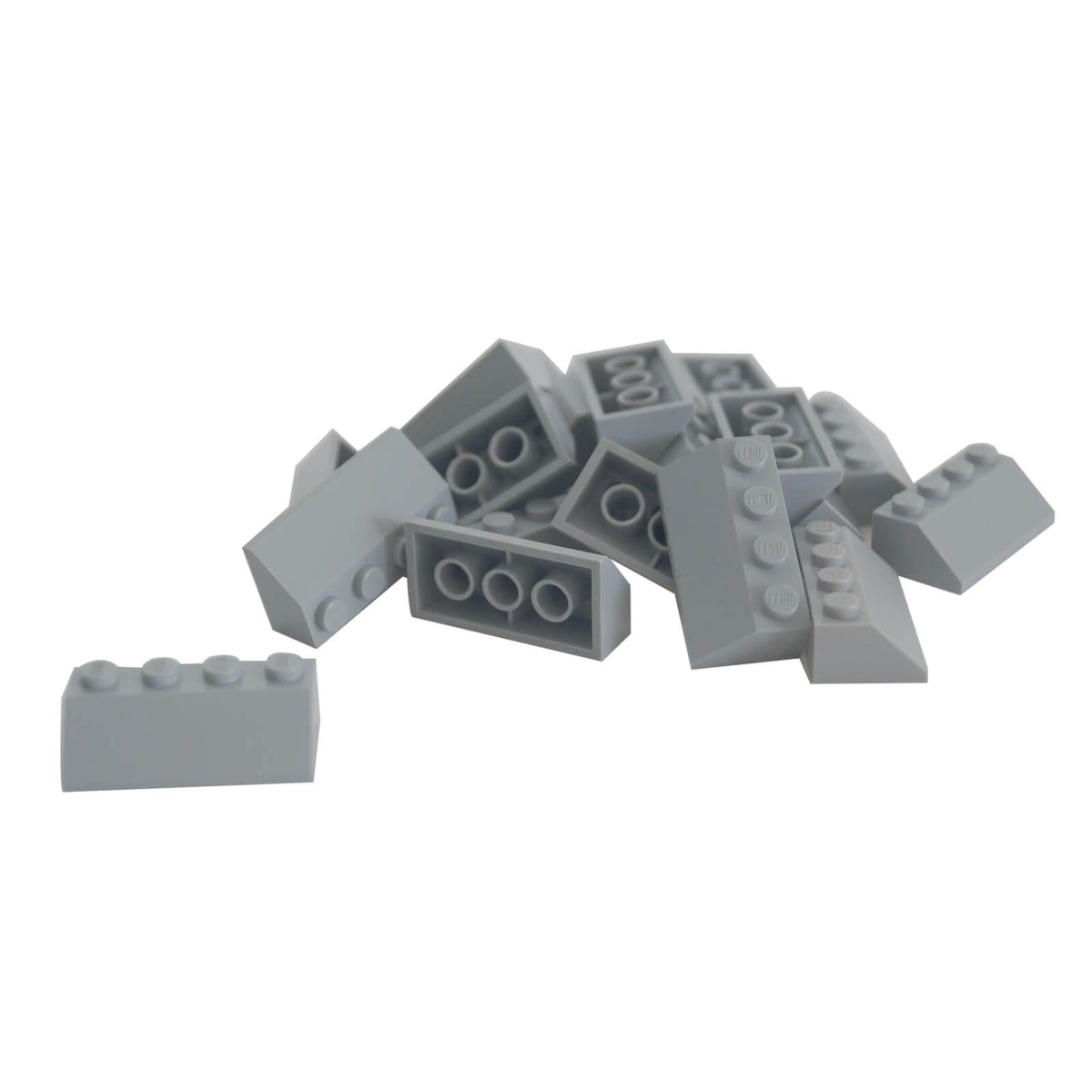 LEGO® 3037 Slope 45 2 x 4 in Light Bluish Gray, 20-piece lot showing angled faces, studs and hollow undersides
