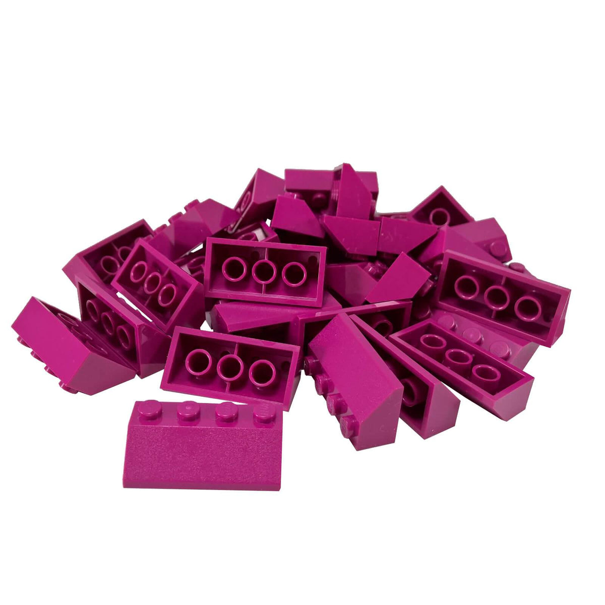 LEGO® 3037 Slope 45 2 x 4 in Magenta, 35-piece lot showing the angled slope faces and underside support tubes