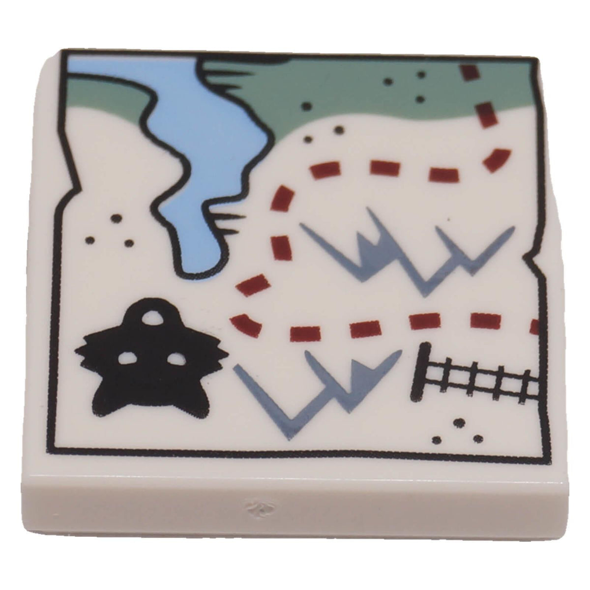LEGO 3068pb2672 white 2x2 map tile with wolf marker, train tracks, dotted route and blue bay