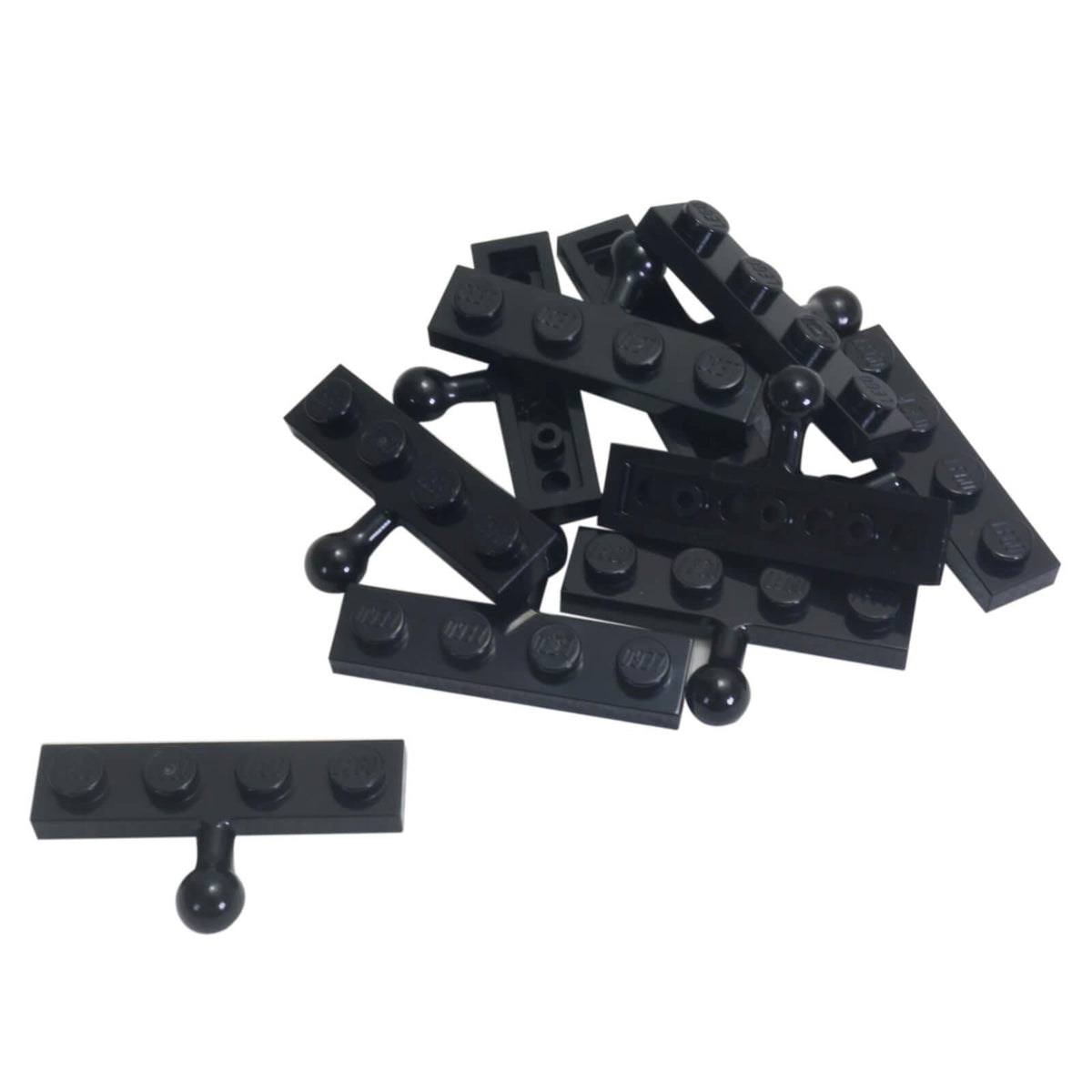Black LEGO® modified 1 x 4 plates with side tow ball, part 3184, showing top studs and integrated ball joints