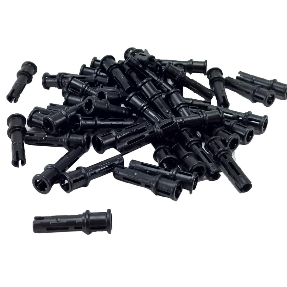 Black LEGO® Technic Pin 3L with Friction Ridges and Stop Bush 32054, showing multiple connectors