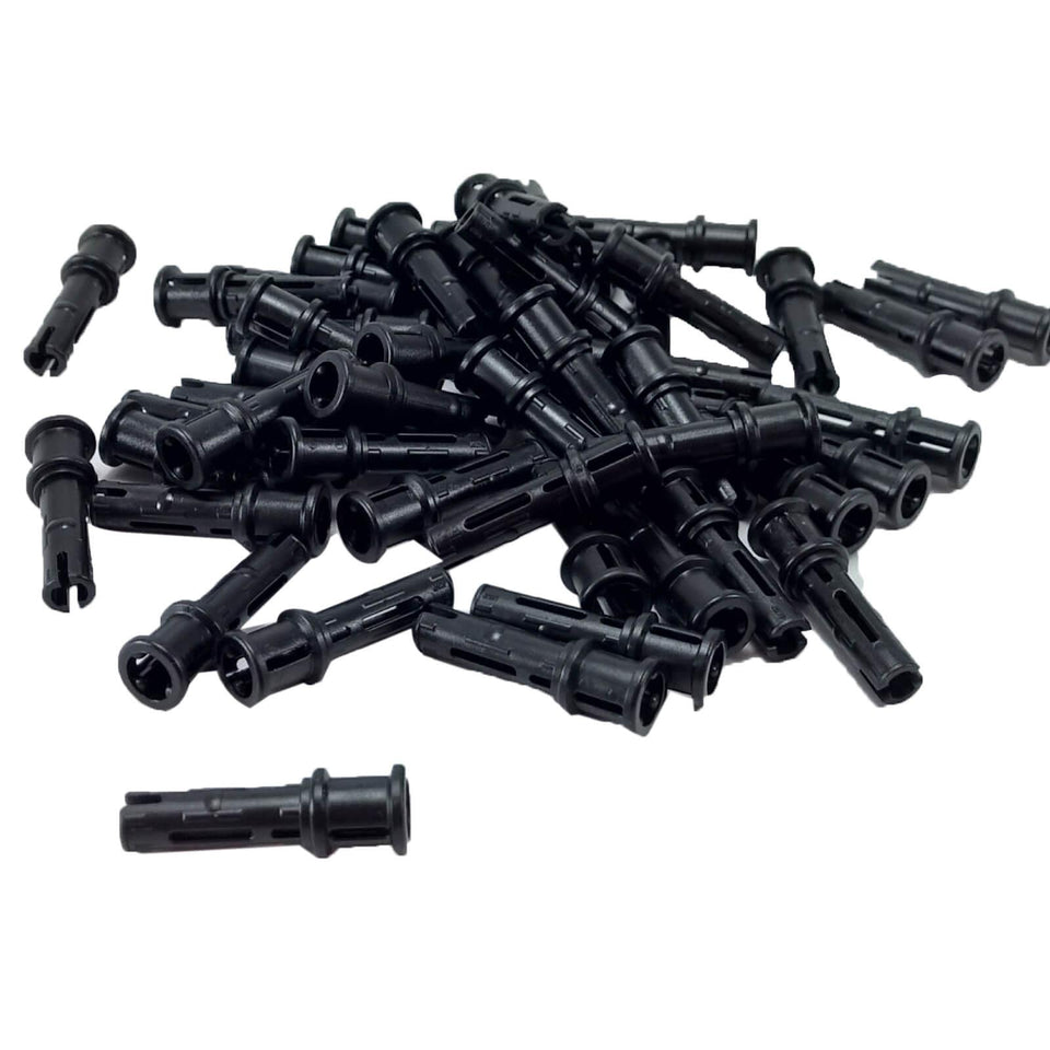 Black LEGO® Technic Pin 3L with Friction Ridges and Stop Bush 32054, showing multiple connectors