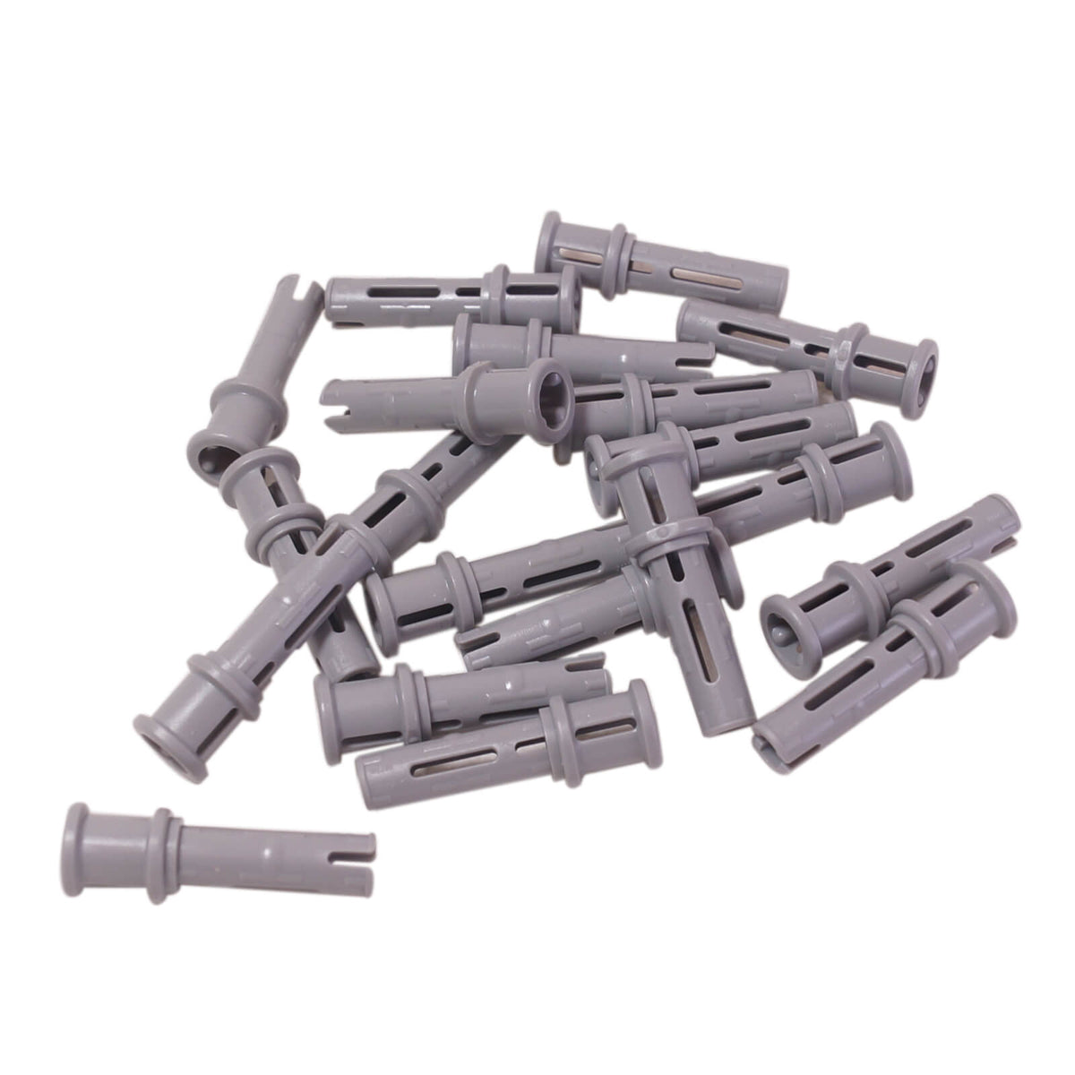 Light Bluish Gray LEGO® Technic Pin 3L with Friction Ridges and Stop Bush 32054, showing connector details
