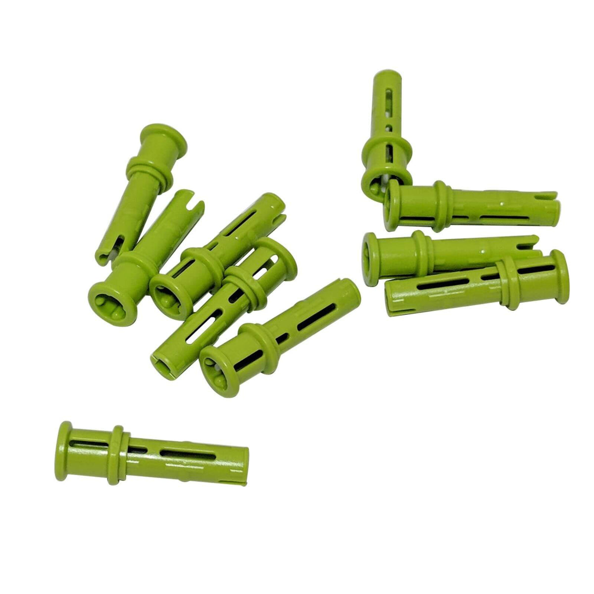 Lime LEGO® Technic Pin 3L with Friction Ridges and Stop Bush 32054, multiple slotted connectors pictured