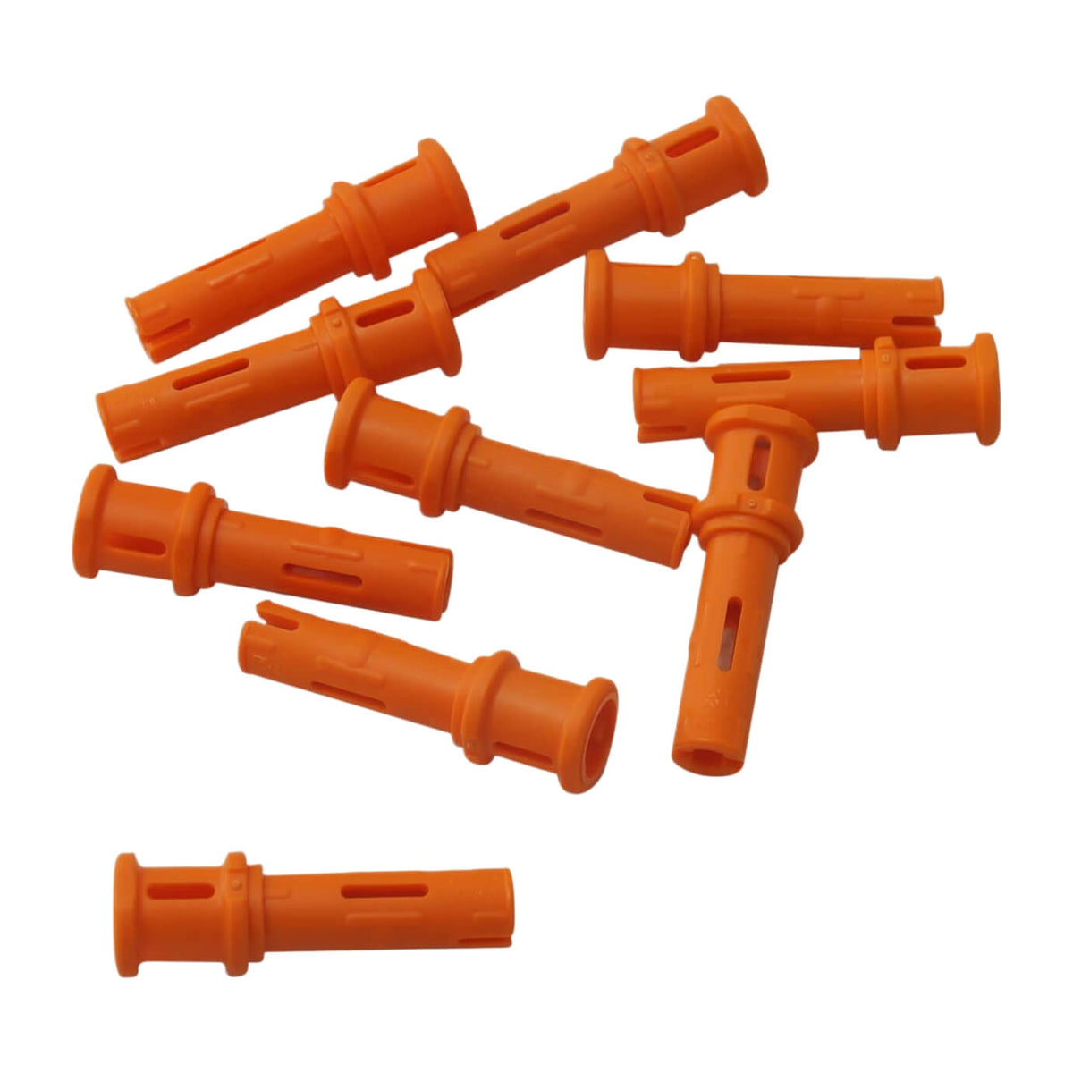 Orange LEGO® Technic Pin 3L with Friction Ridges and Stop Bush 32054, showing slotted pin design