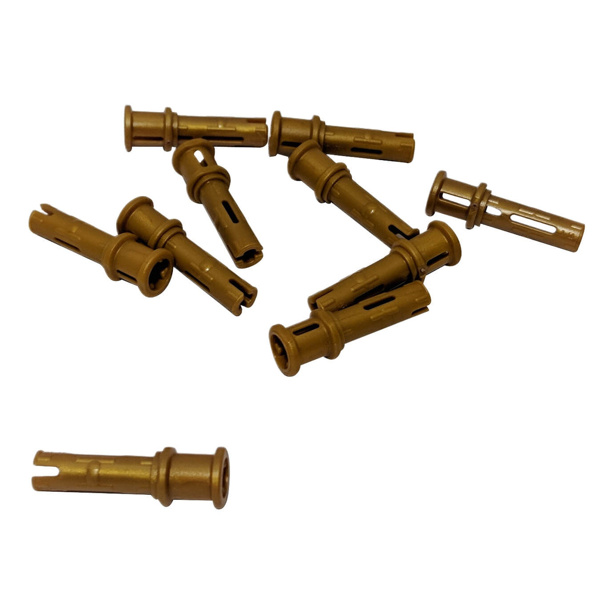 Pearl Gold LEGO® Technic Pin 3L with Friction Ridges and Stop Bush 32054, multiple pieces pictured