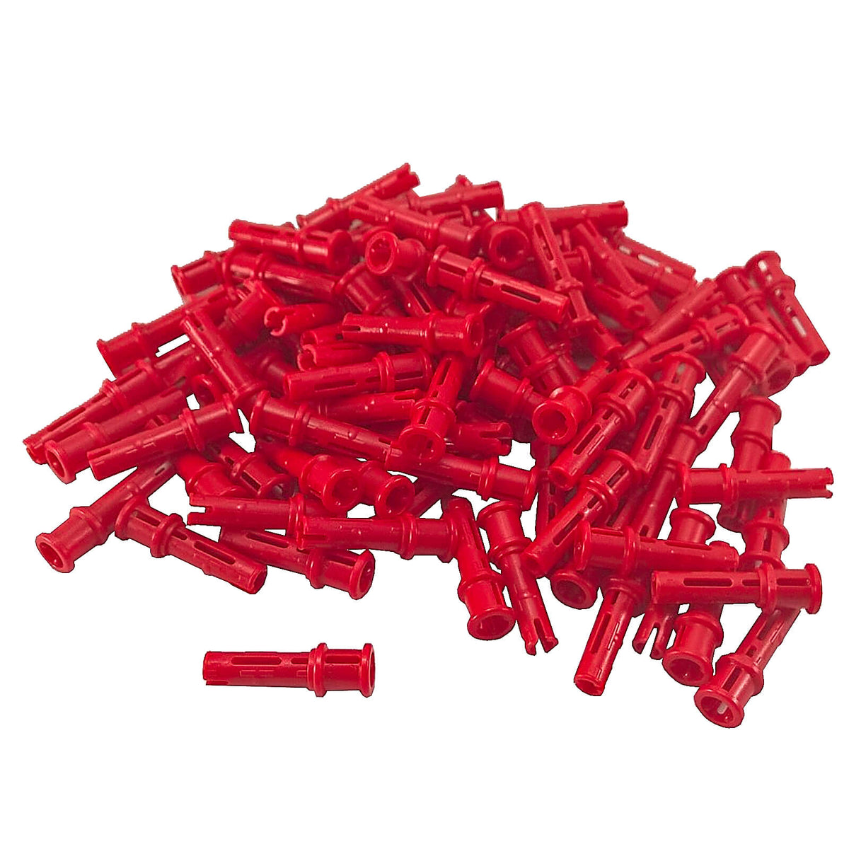 Red LEGO® Technic Pin 3L with Friction Ridges and Stop Bush 32054, shown in a group