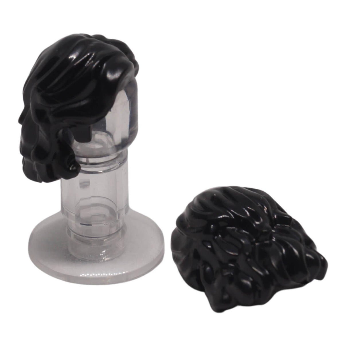 LEGO® 35494 black mid-length wavy minifigure hair with centre part and sidelocks