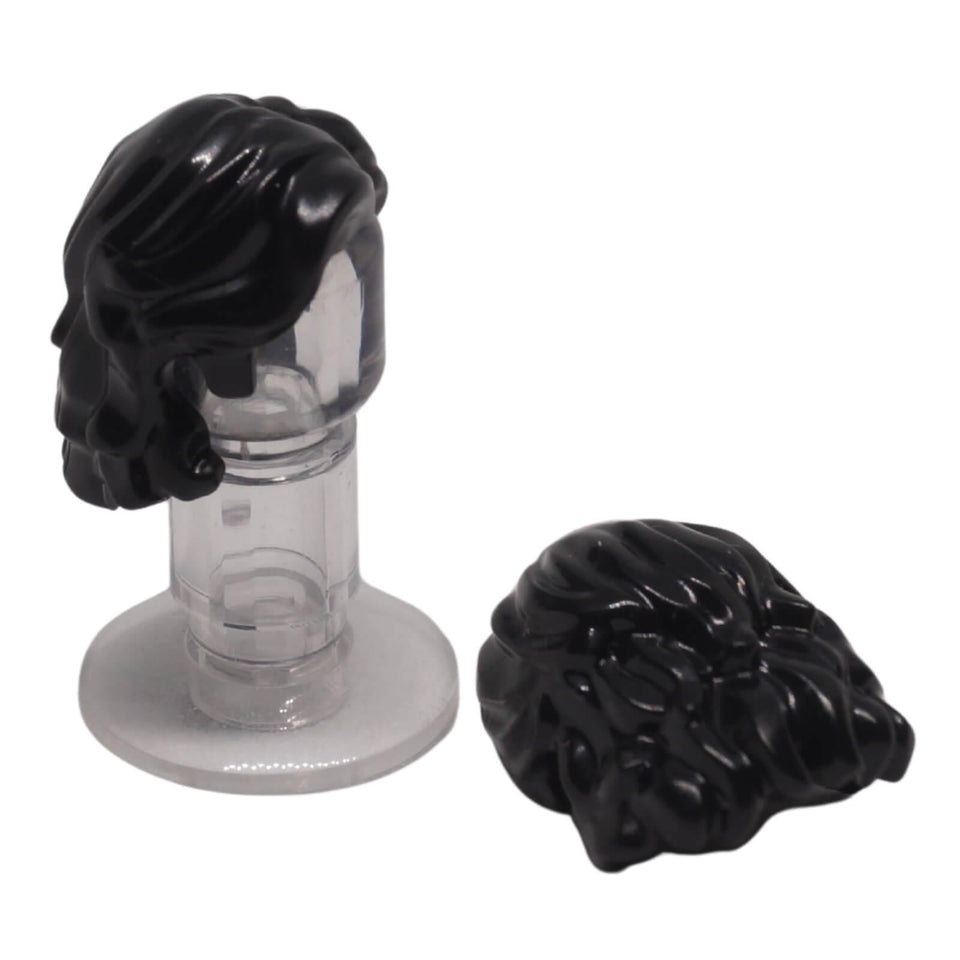 LEGO® 35494 black mid-length wavy minifigure hair with centre part and sidelocks