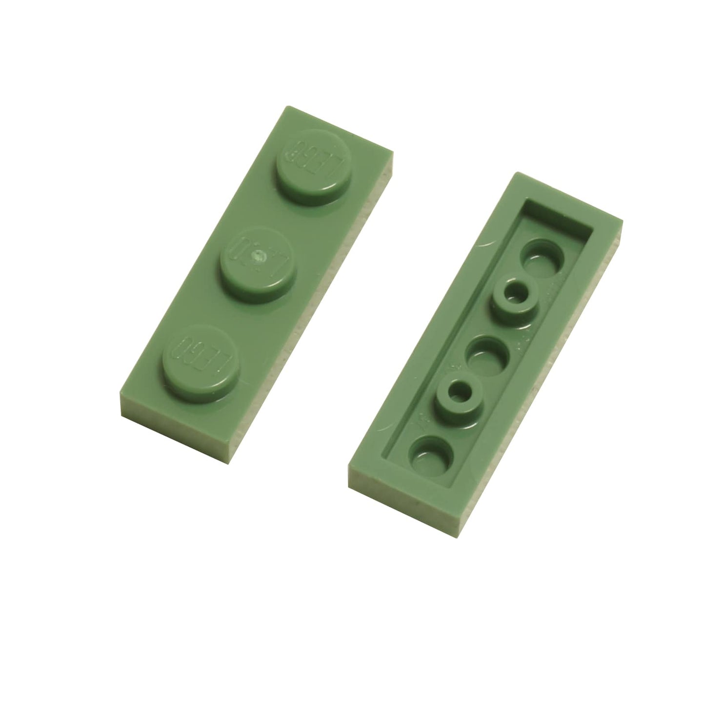 Plate 1 x 3 in sand green – LEGO® part 3623, classic 3-stud plate used for structural support and detailing
