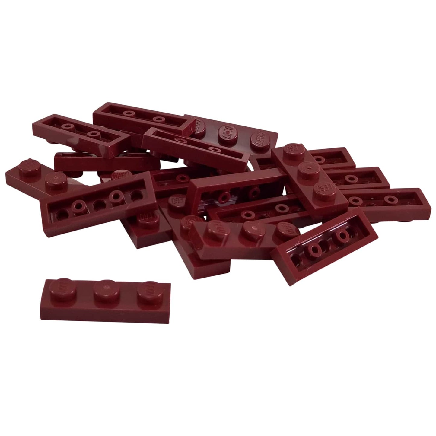 Plate 1 x 3 in dark red – LEGO® part 3623, classic 3-stud plate used for structural support and detailing
