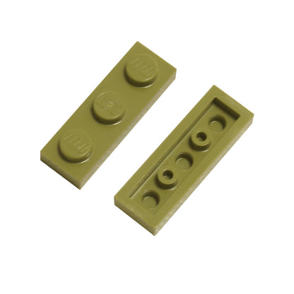 Plate 1 x 3 in olive green– LEGO® part 3623, classic 3-stud plate used for structural support and detailing
