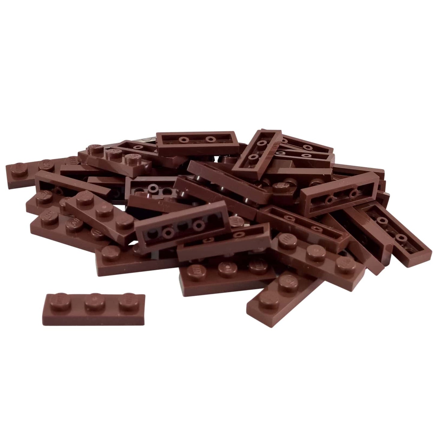 Plate 1 x 3 in reddish brown– LEGO® part 3623, classic 3-stud plate used for structural support and detailing
