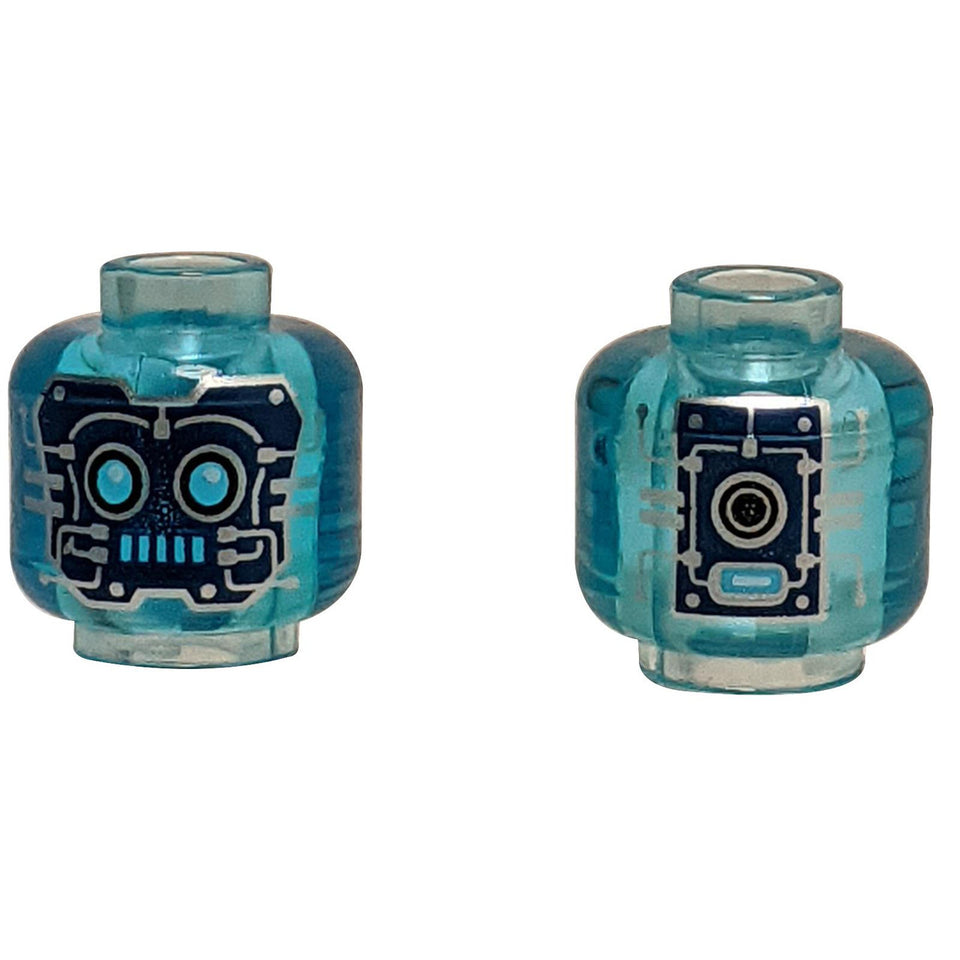 Translucent blue LEGO head 3626pb3345 with silver robot face and circuitry.