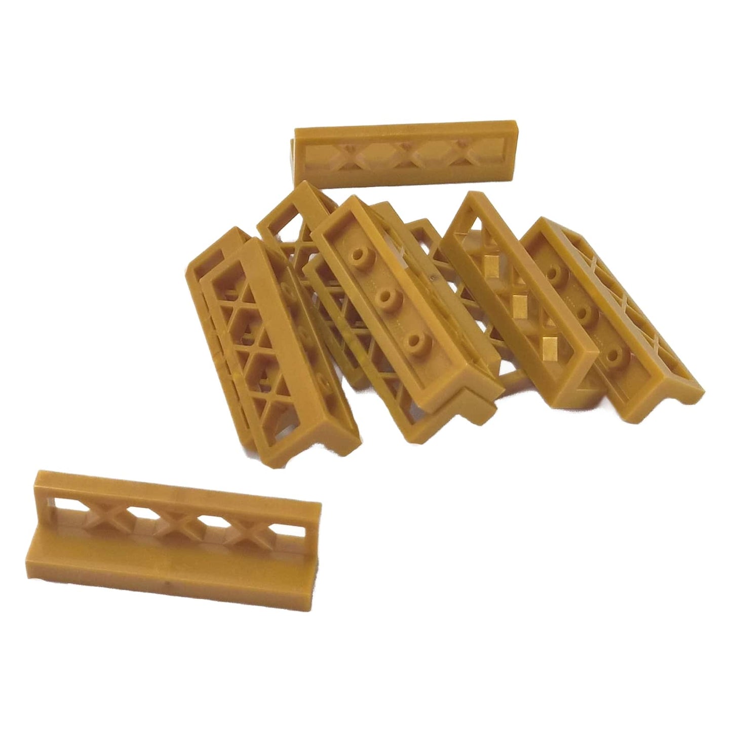 Fence 1 x 4 x 1 Lattice in pearl gold – LEGO® part 3633, decorative fence element with lattice design
