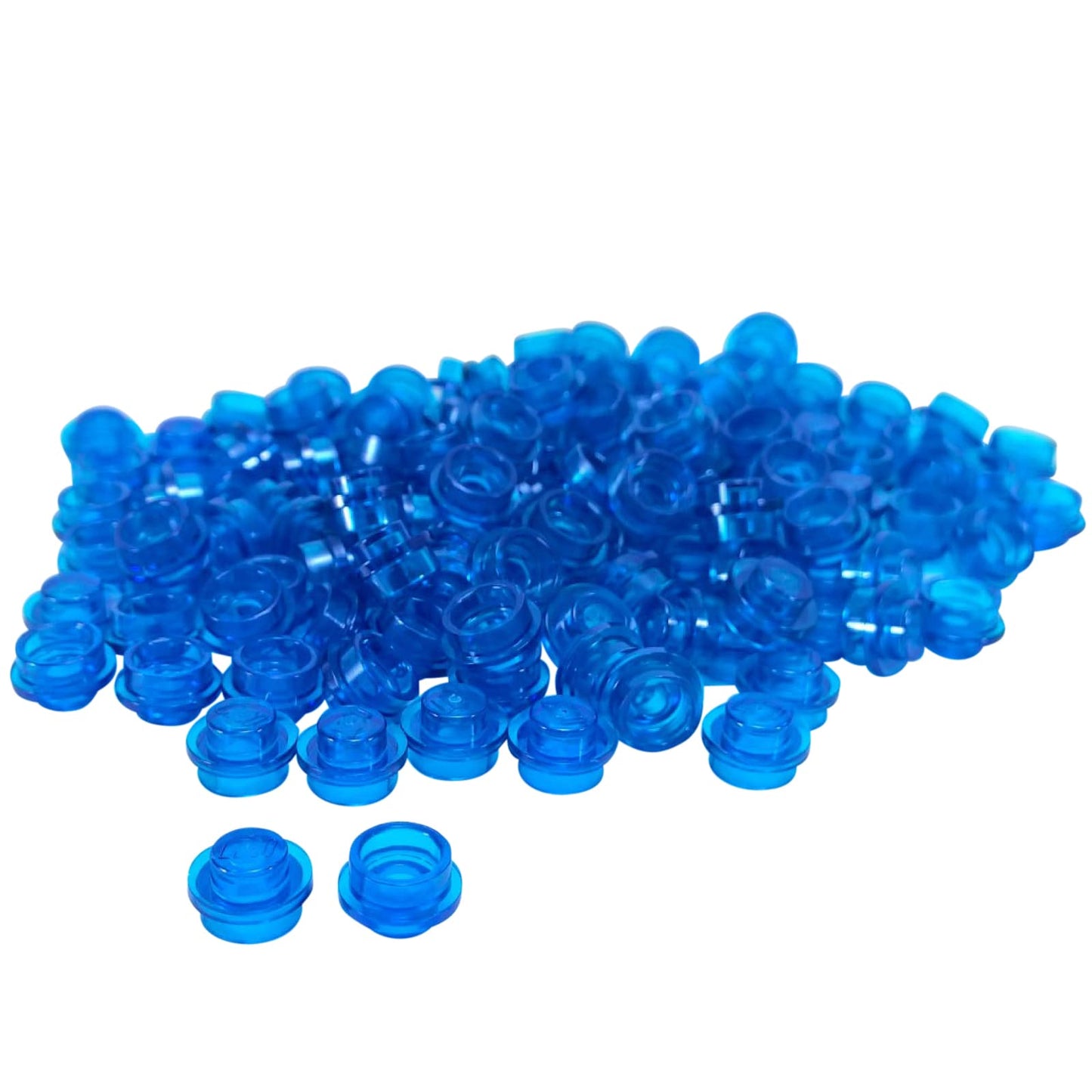 Placa redonda 1 x 1 en azul oscuro translúcido – LEGO® parte 4073, pequeño perno redondo utilizado para detalles y puntos de conexión.