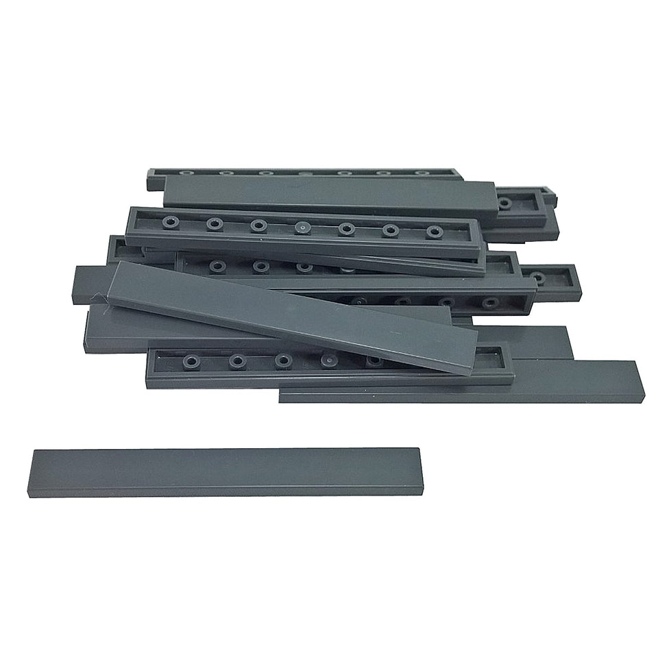 Tile 1 x 8 in dark bluish gray– LEGO® part 4162, smooth flat tile used for finishing surfaces and detailing
