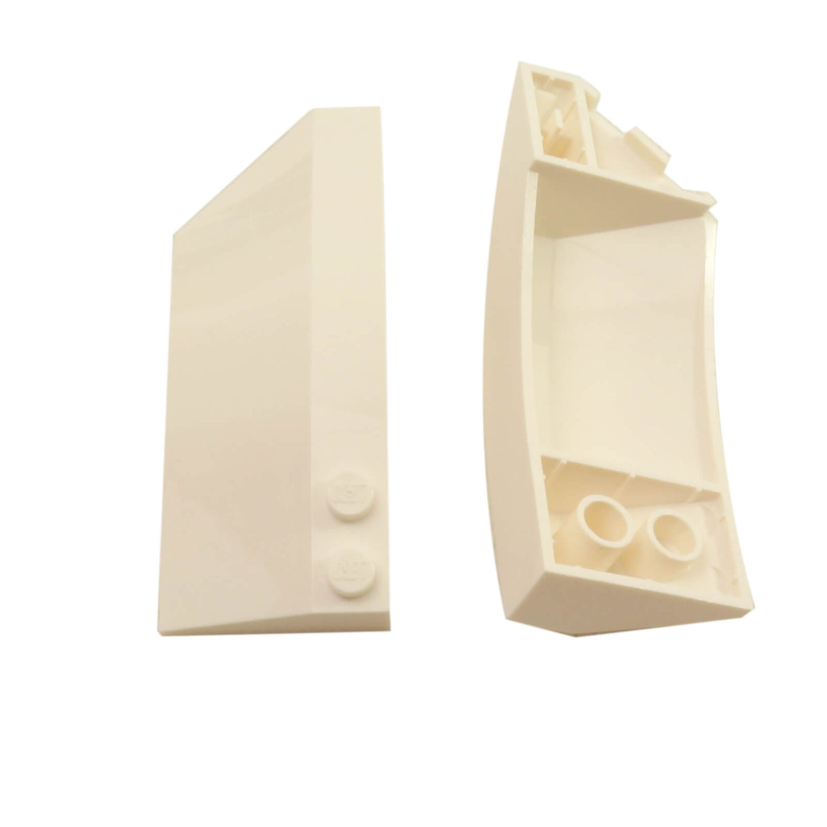 Two white LEGO® Part 41750 Wedge 8 x 3 x 2 Open Left pieces, showing the smooth sloped exterior, top studs and hollow underside