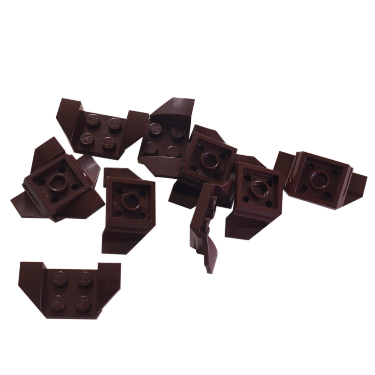 Lot of 10 dark brown LEGO® Part 41854 Vehicle Mudguards 2 x 4 with Flared Wings, showing top studs and underside connections