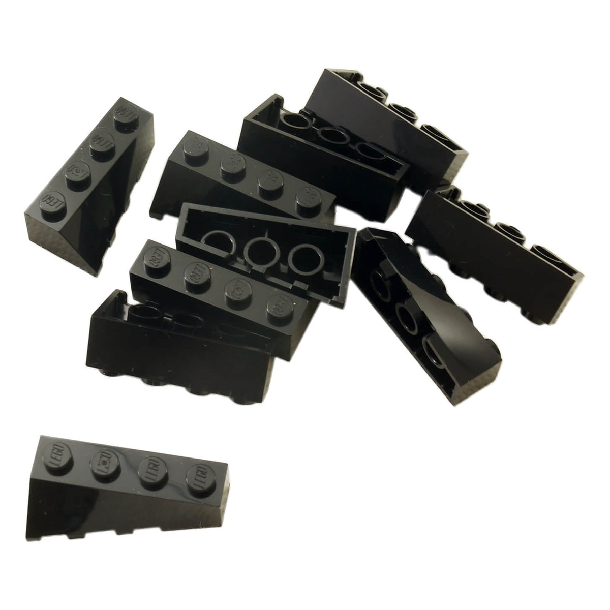 Black LEGO® Part 43720 Wedge 4 x 2 Sloped Right with four top studs, a smooth angled side and tapered wedge profile