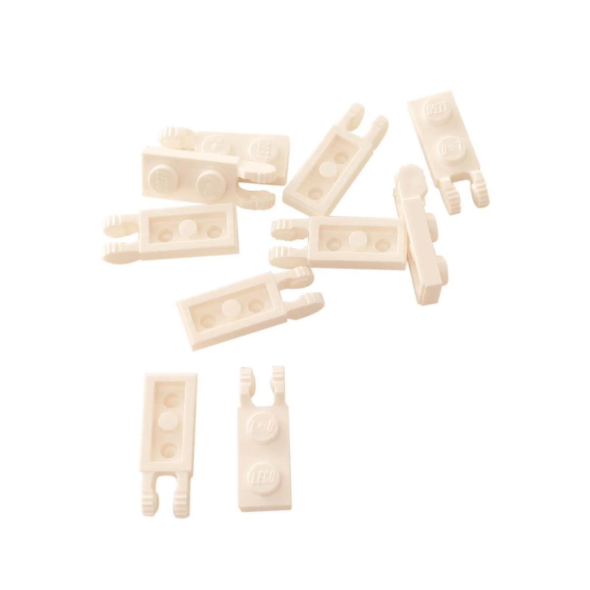 10 white LEGO® 44302 locking hinge plates 1 x 2 with two fingers on end