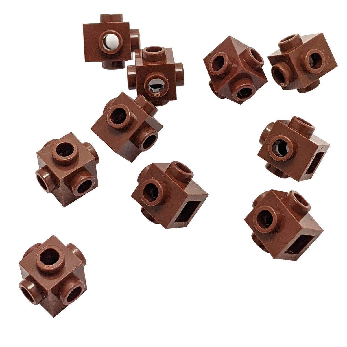 LEGO® 4733 modified 1x1 brick with studs on four sides in reddish brown