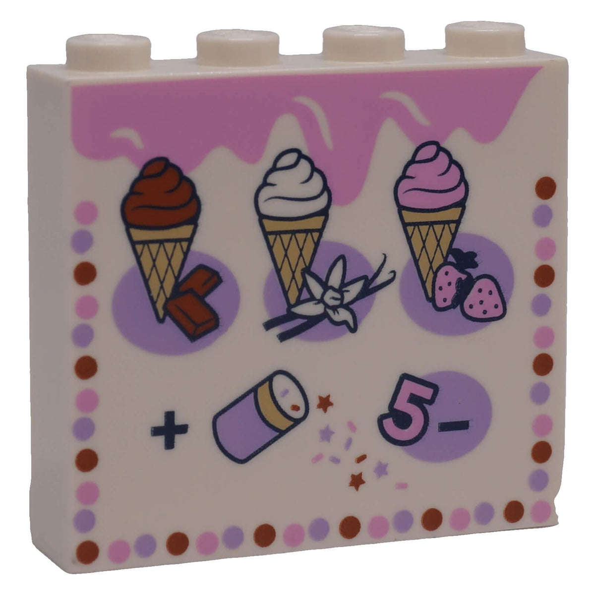 White LEGO® 49311pb052 printed 1 x 4 x 3 brick with colourful ice cream cone and dessert pattern