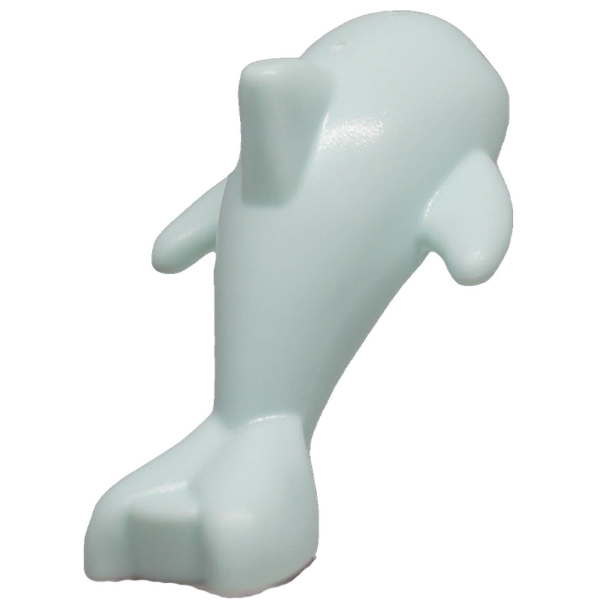 Rear view of light aqua LEGO® baby dolphin 49579pb03 showing dorsal fin, flippers and tail
