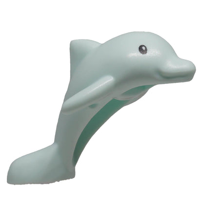Light aqua LEGO® baby dolphin 49579pb03 with black printed eye in front angled view