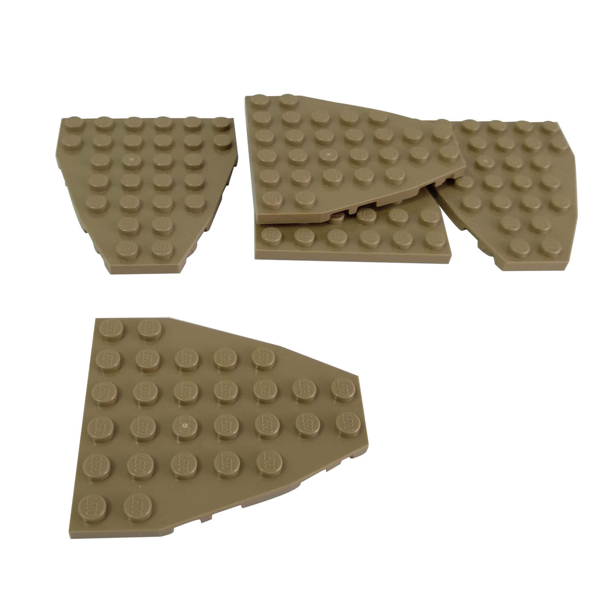 LEGO® Part 50303 Wedge Plate 7 x 6 with Stud Notches in blue, tapered boat bow plate with angled sides and studded surface dark tan