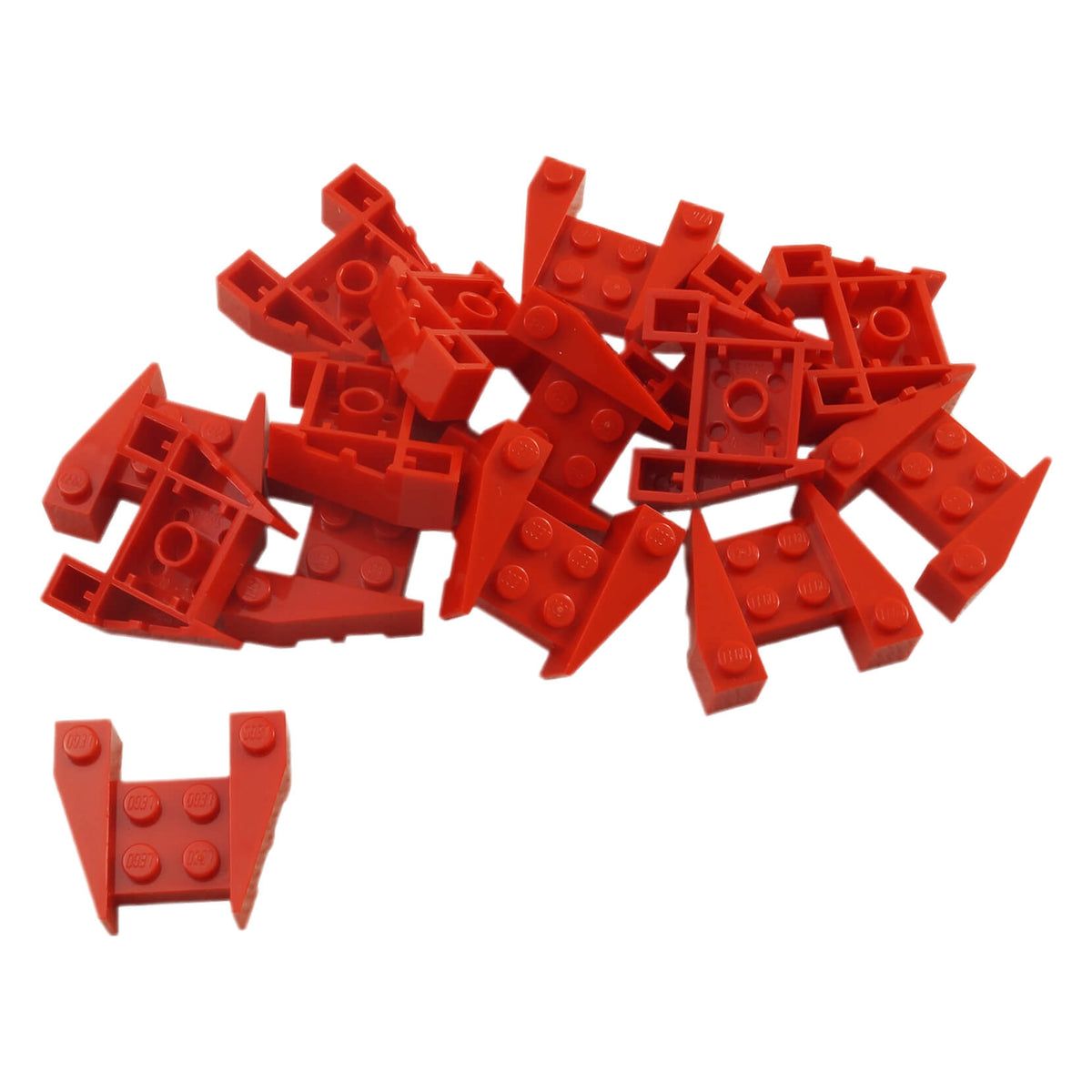 Red LEGO® wedge pieces with stud notches and angled projecting sides, shown in a loose parts lot