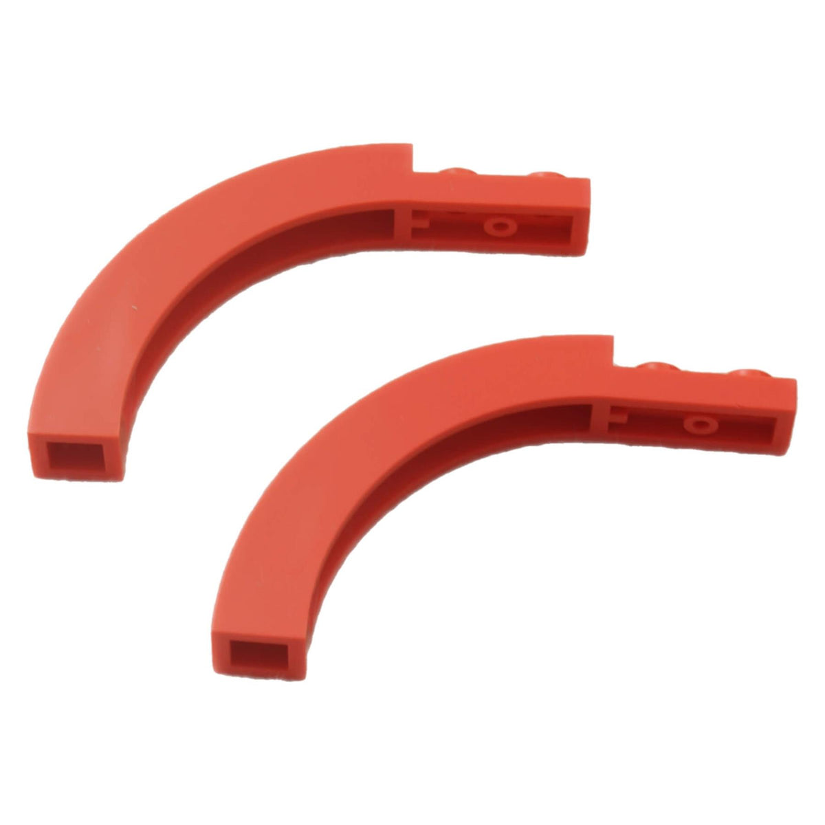 Two coral LEGO® Arch 1 x 6 x 3 1/3 Curved Top 6060 pieces with a smooth upper curve and straight studded section.