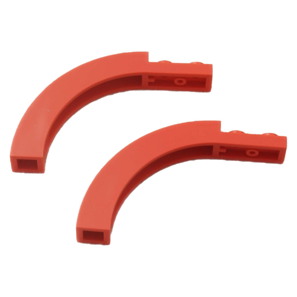 Two coral LEGO® Arch 1 x 6 x 3 1/3 Curved Top 6060 pieces with a smooth upper curve and straight studded section.