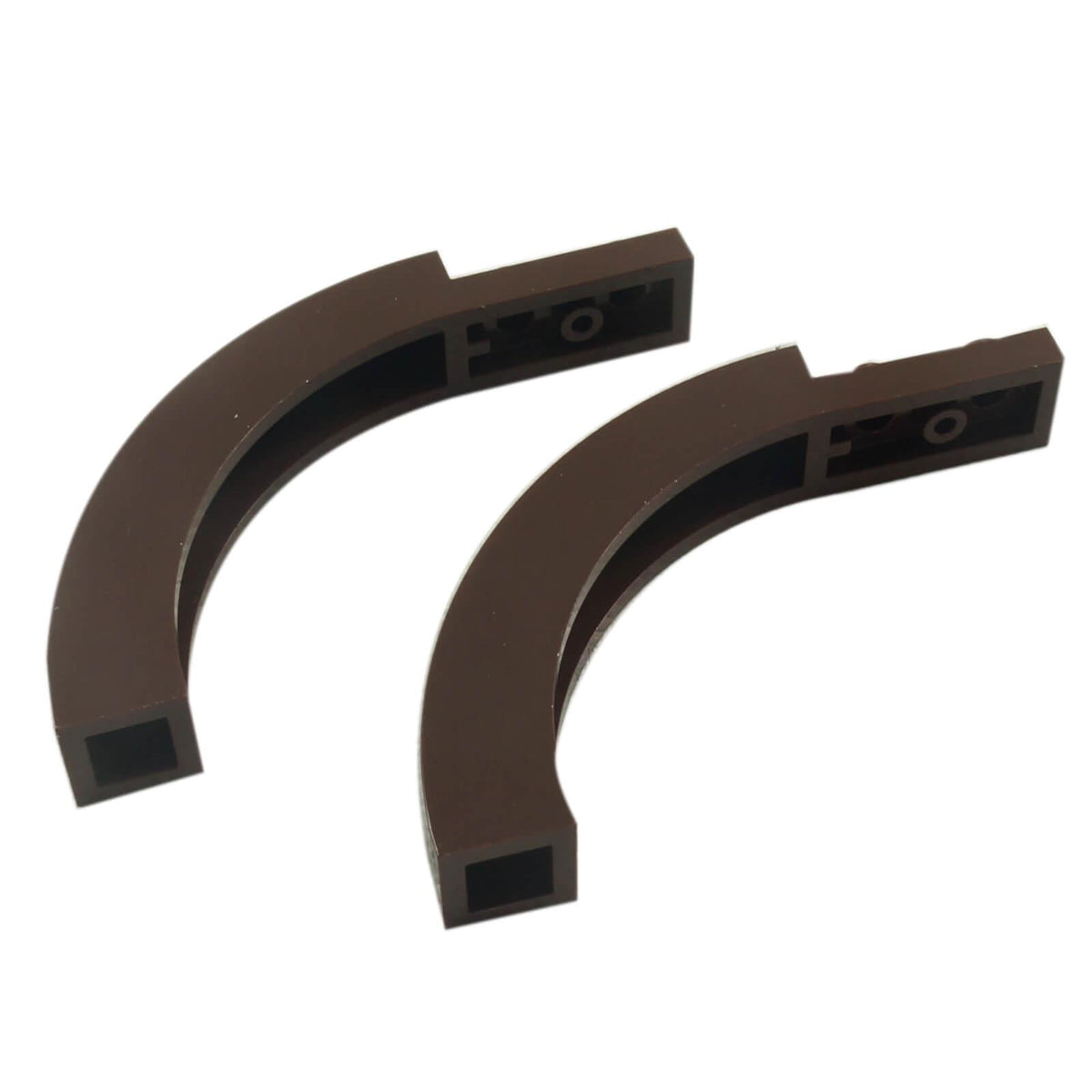 Two dark brown LEGO® arch 6060 pieces viewed from an angle, showing the curved profile and underside details.