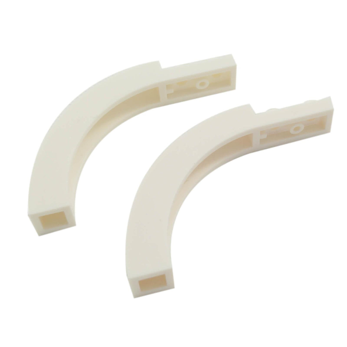 Two white LEGO® 6060 arch pieces with a sweeping curved profile and a straight connection section.