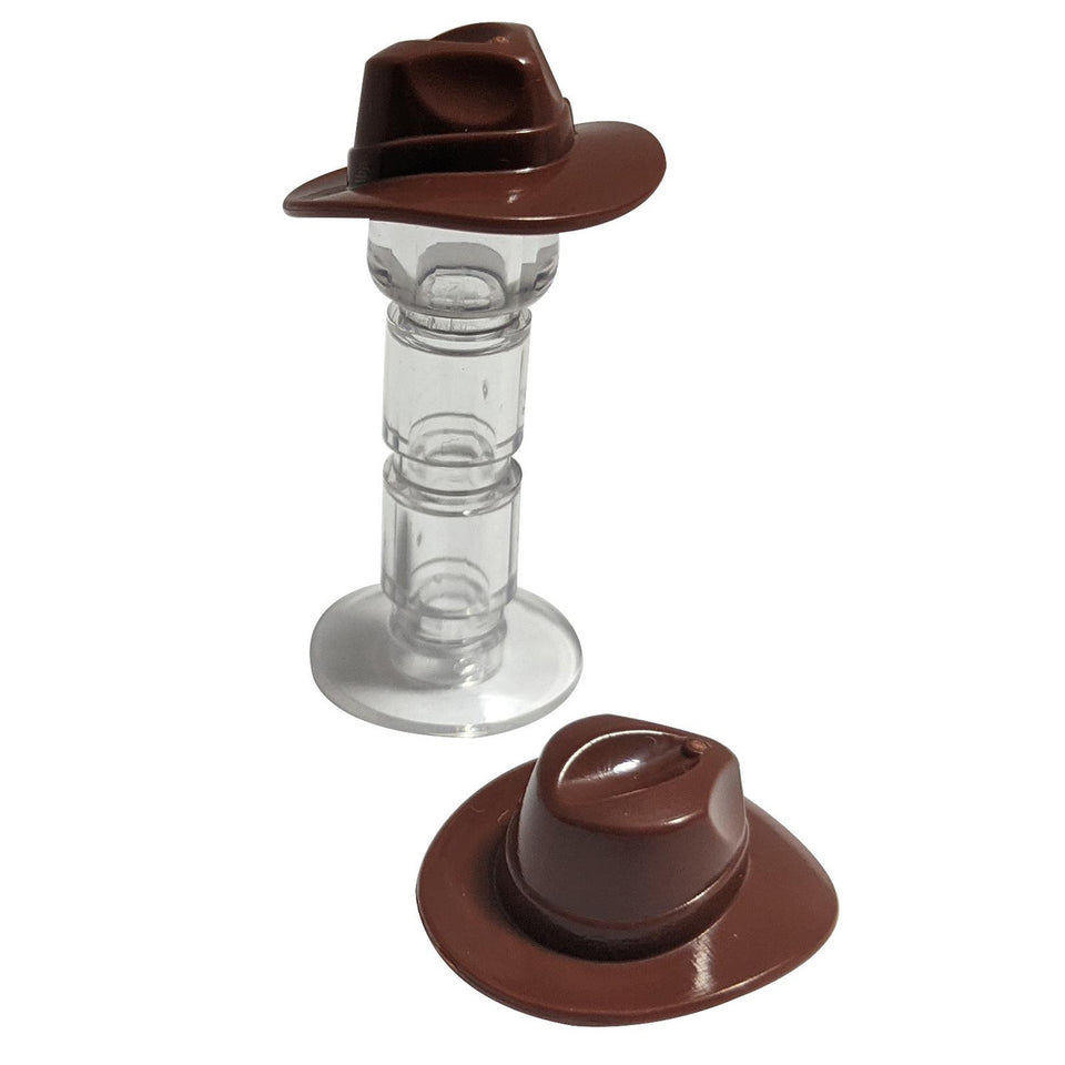 Two brown LEGO wide brim outback style hats 61506, one on a stand.