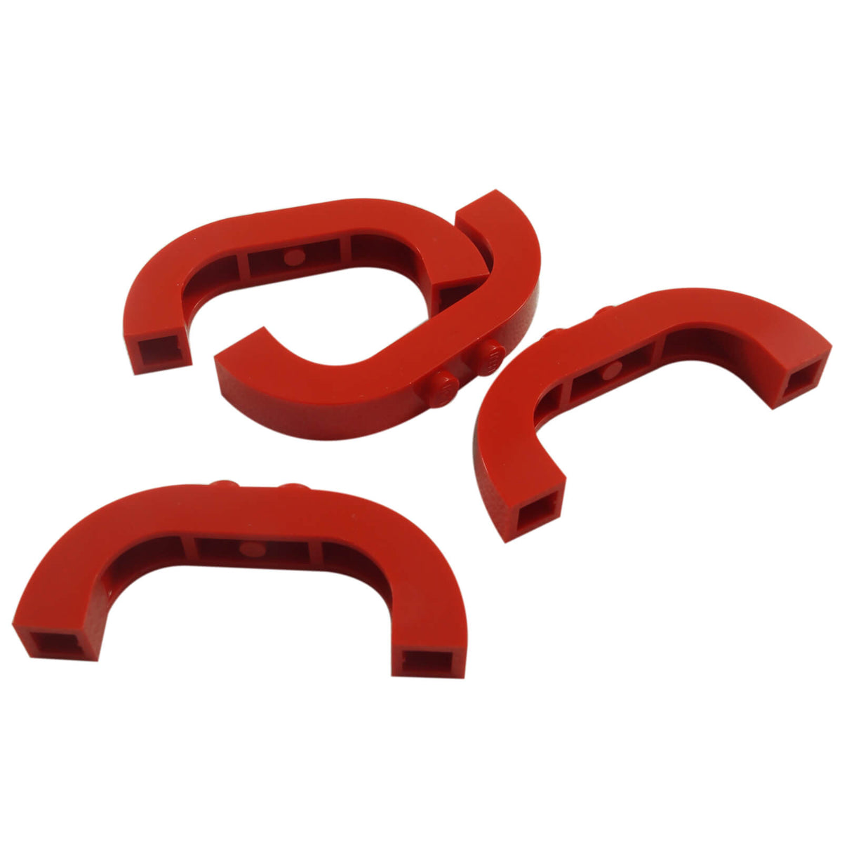 LEGO® Arch 1 x 6 x 2 Curved Top 6183 in Red, displayed from multiple angles to show its rounded shape and connection points.
