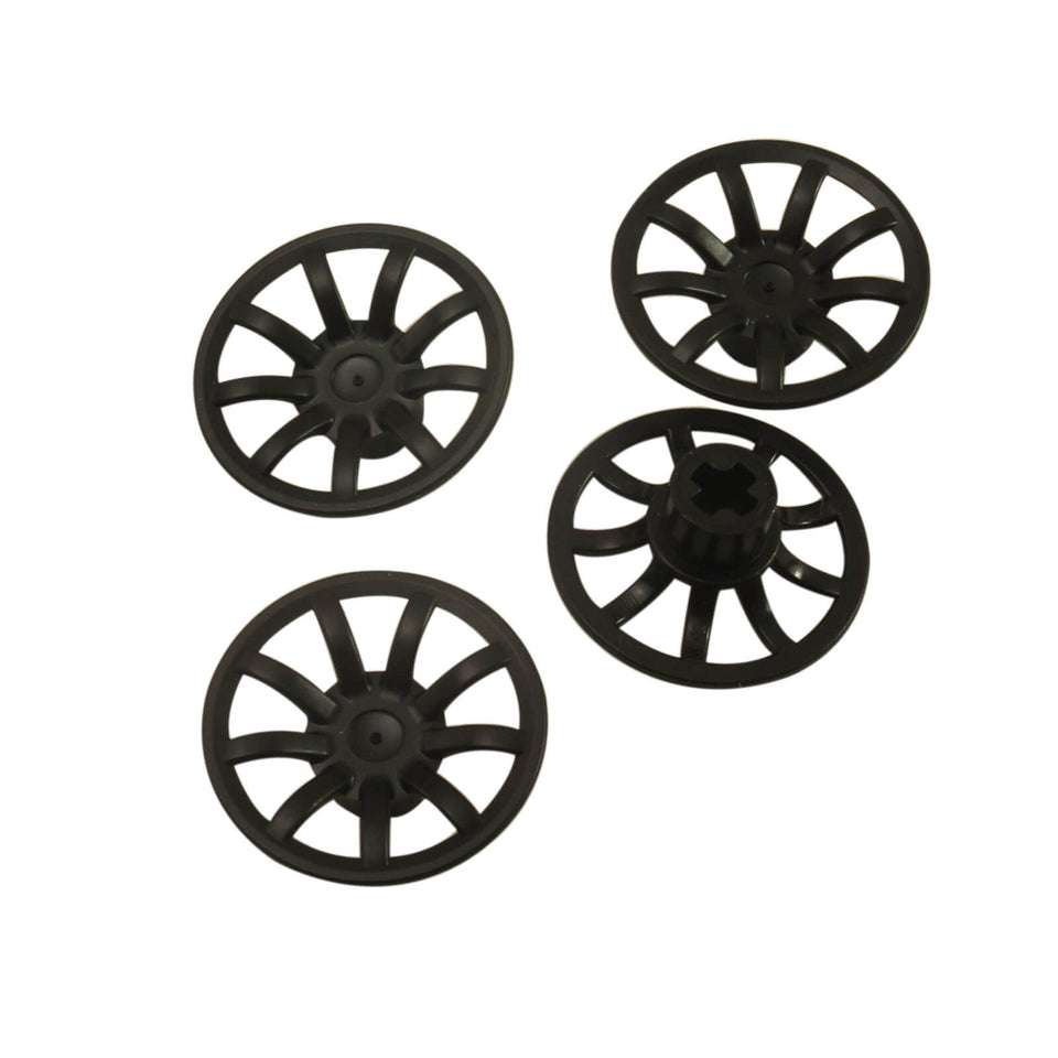 LEGO® Part 62701 Wheel Cover 9 Spoke 24mm in Pearl Gold, featuring nine curved spokes and a circular rim - black