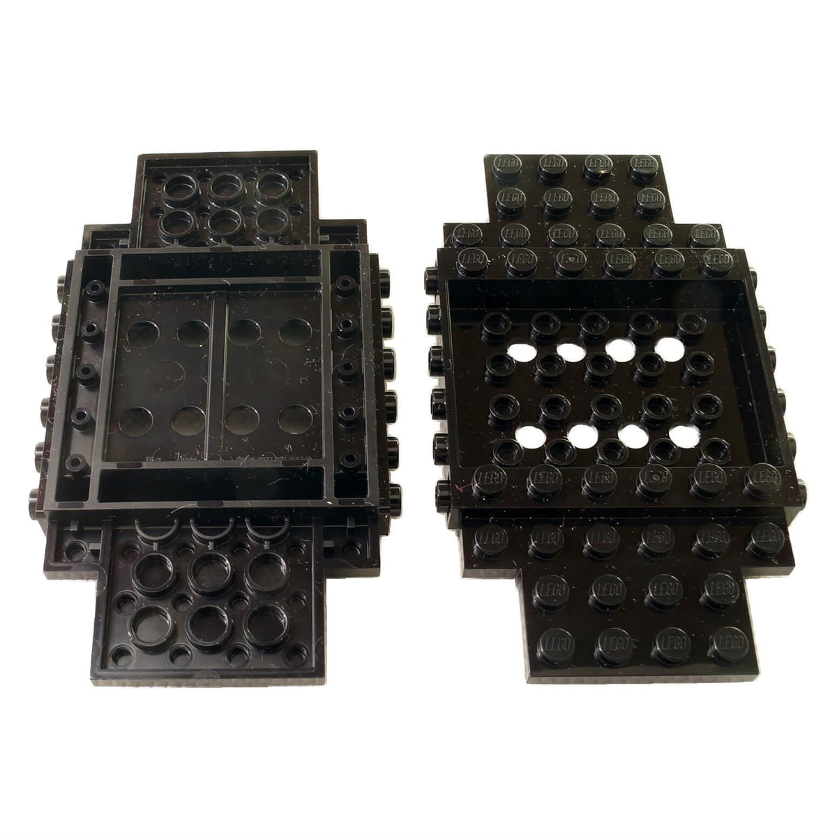 Black LEGO® Vehicle Base 65634 with 6 x 12 stud layout, recessed center and eight holes, shown from top and underside
