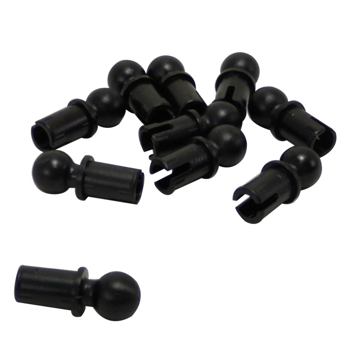 Black LEGO® Technic Pin with Friction Ridges and Tow Ball 6628a, showing multiple connectors with round pin holes